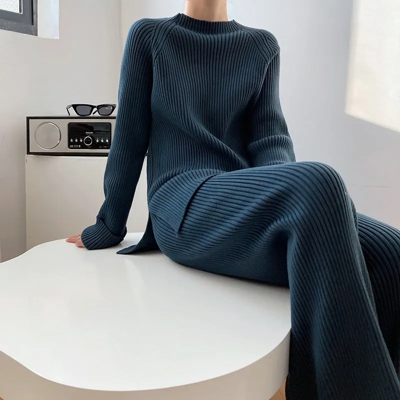 2Pcs Soft Knitted Sweater and High-Waisted Loose Pants Tracksuit Set