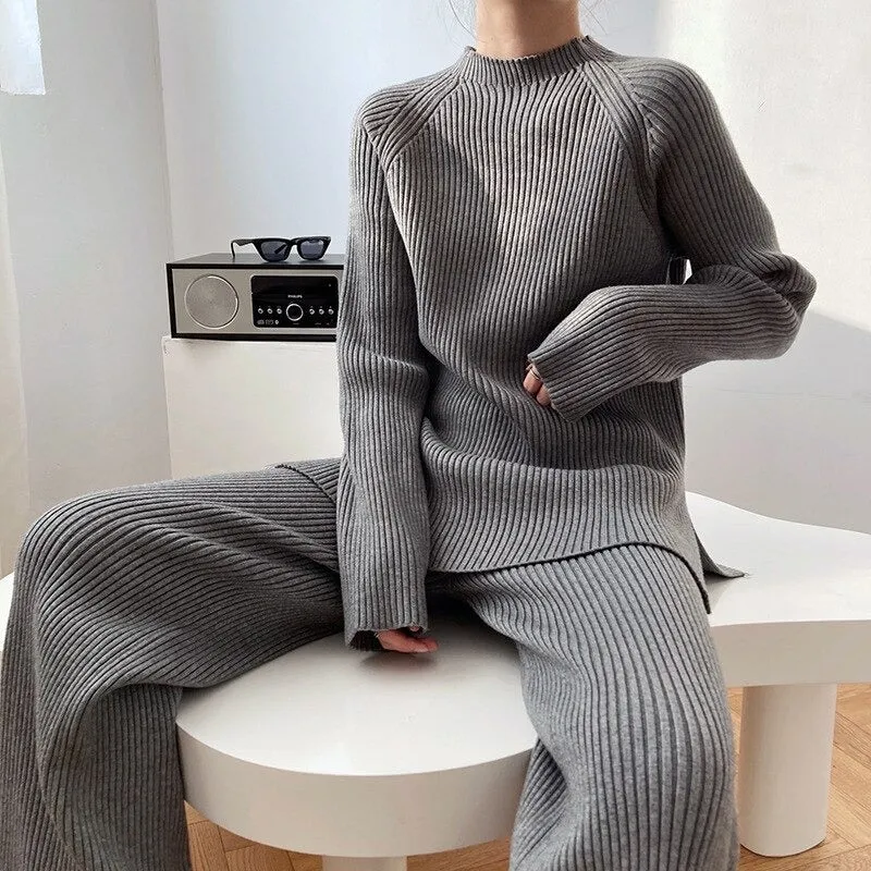 2Pcs Soft Knitted Sweater and High-Waisted Loose Pants Tracksuit Set