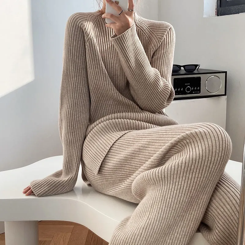 2Pcs Soft Knitted Sweater and High-Waisted Loose Pants Tracksuit Set