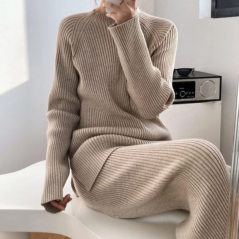 2Pcs Soft Knitted Sweater and High-Waisted Loose Pants Tracksuit Set