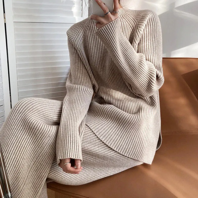 2Pcs Soft Knitted Sweater and High-Waisted Loose Pants Tracksuit Set