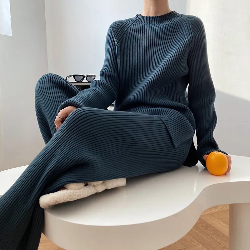 2Pcs Soft Knitted Sweater and High-Waisted Loose Pants Tracksuit Set
