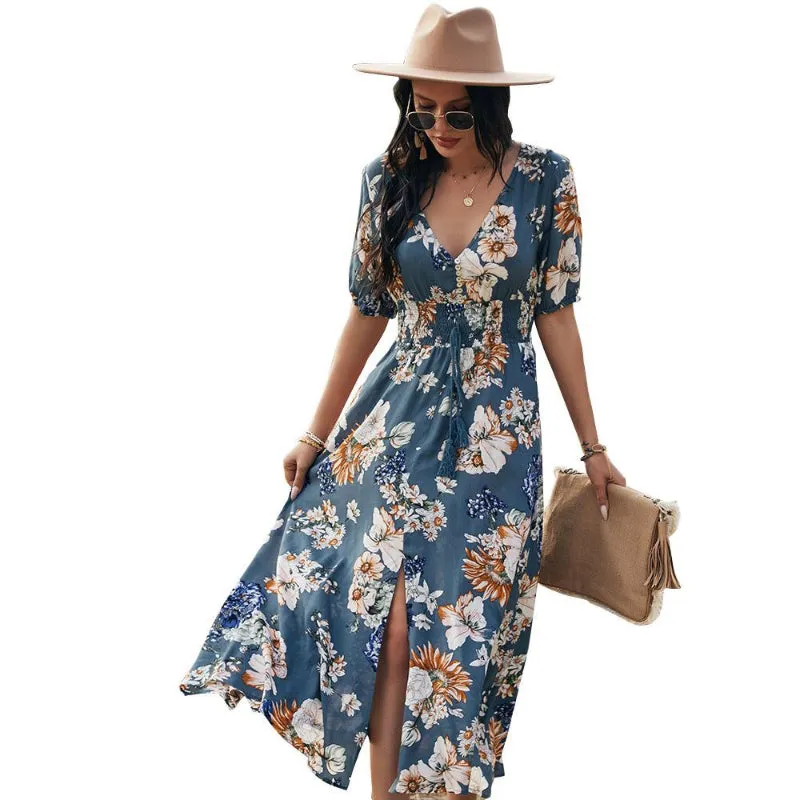 Beach Boho Floral Print with Tassel Split Front Maxi Dresses