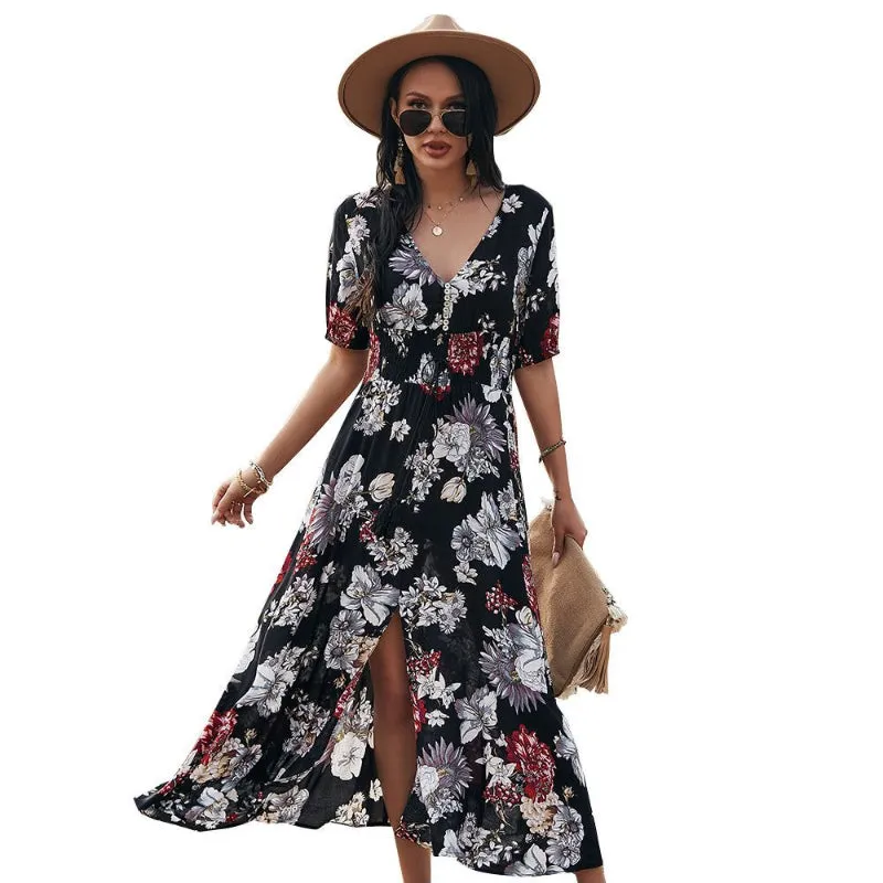Beach Boho Floral Print with Tassel Split Front Maxi Dresses