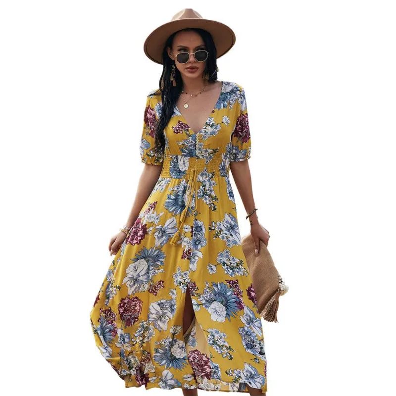 Beach Boho Floral Print with Tassel Split Front Maxi Dresses