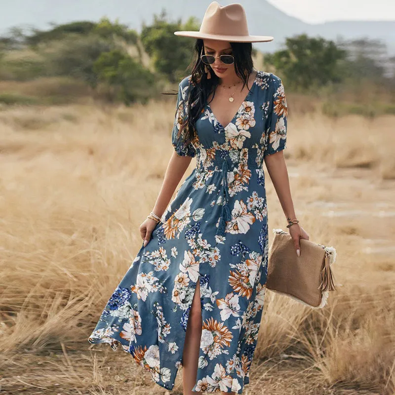 Beach Boho Floral Print with Tassel Split Front Maxi Dresses