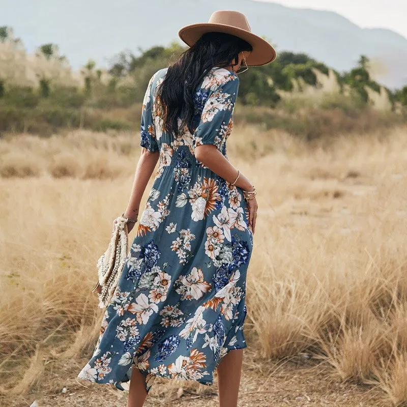 Beach Boho Floral Print with Tassel Split Front Maxi Dresses
