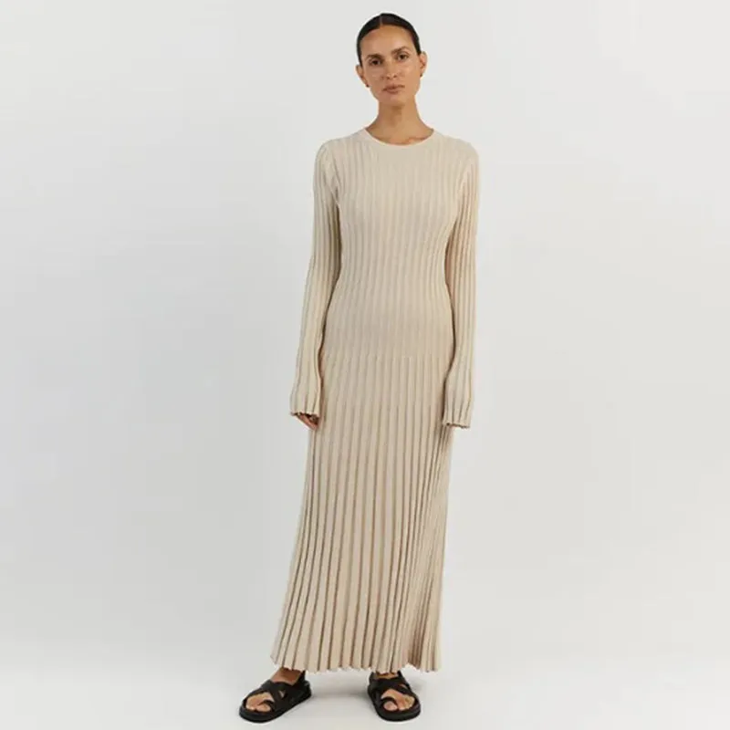 Cozy Winter Flare Long Sleeve Rib Knitted Maxi Dresses