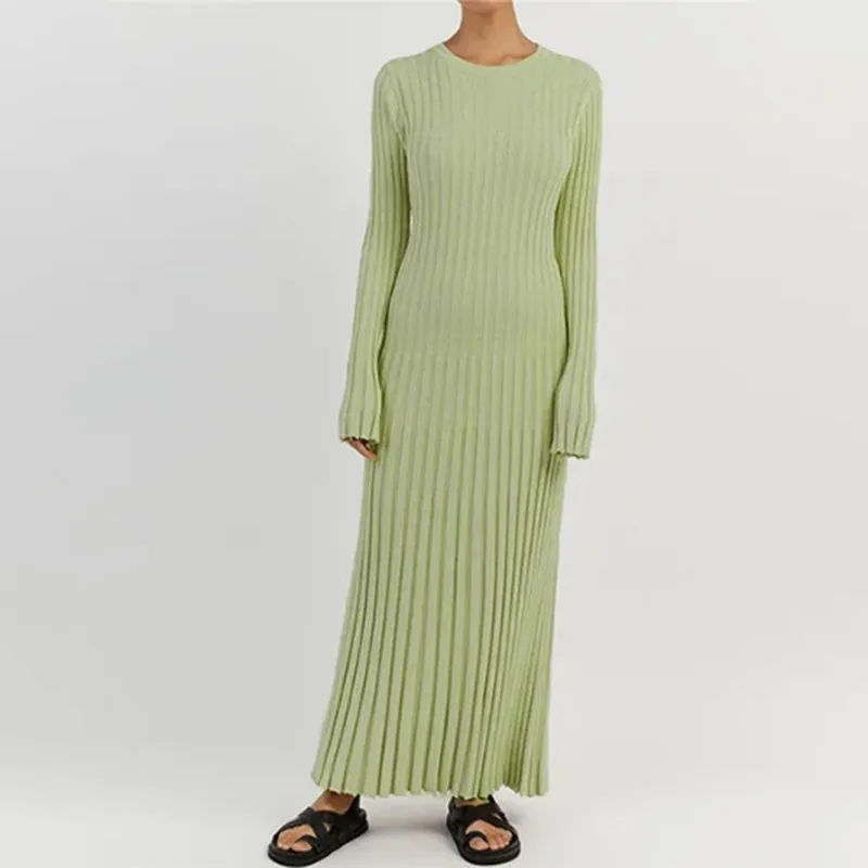 Cozy Winter Flare Long Sleeve Rib Knitted Maxi Dresses