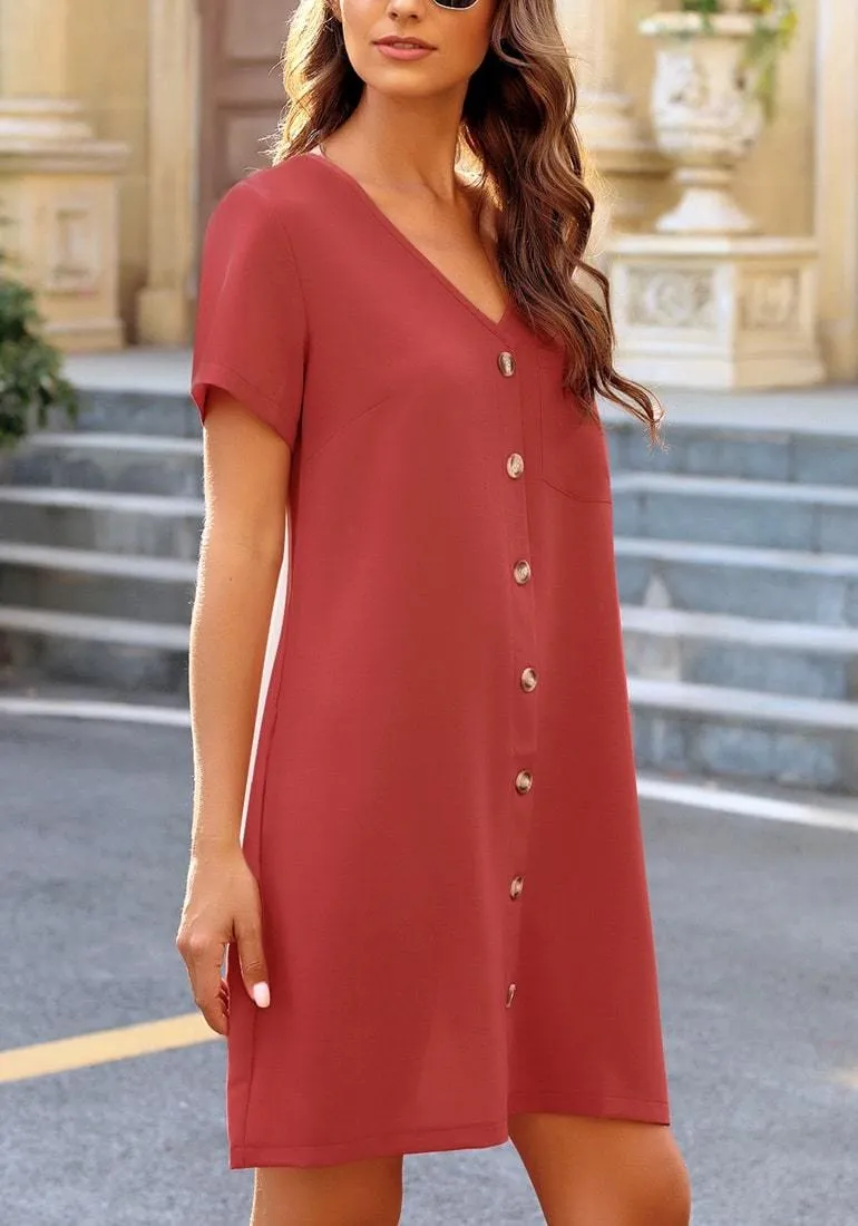 Dark Coral Pink V-Neck Button Down Short Sleeve Mini Dress