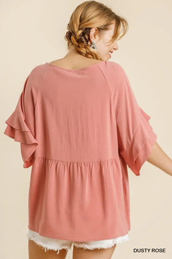 Floral Embroidered Babydoll Top, Rose