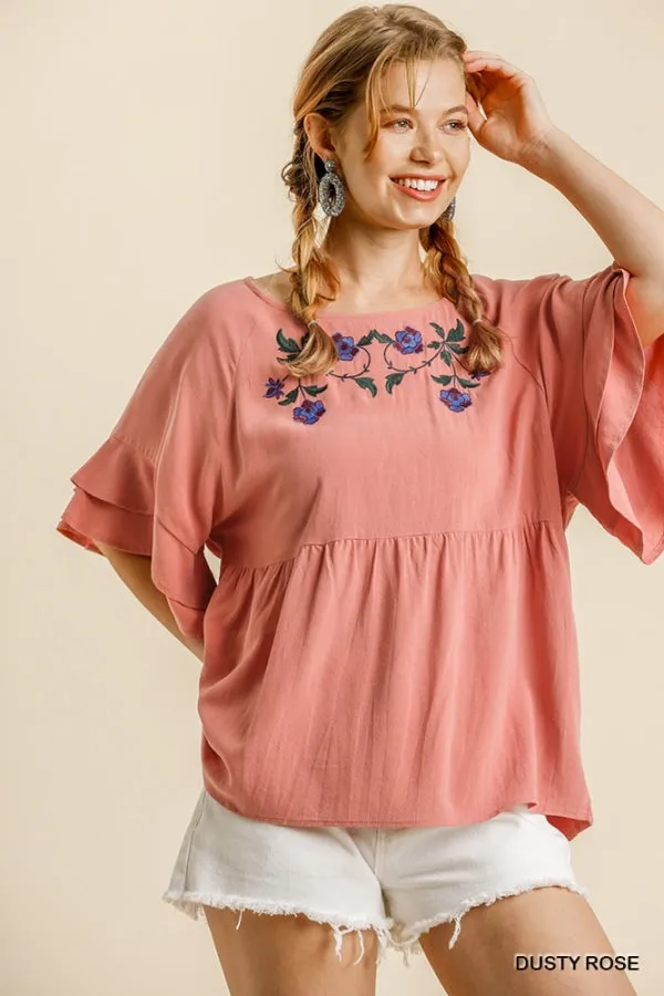 Floral Embroidered Babydoll Top, Rose