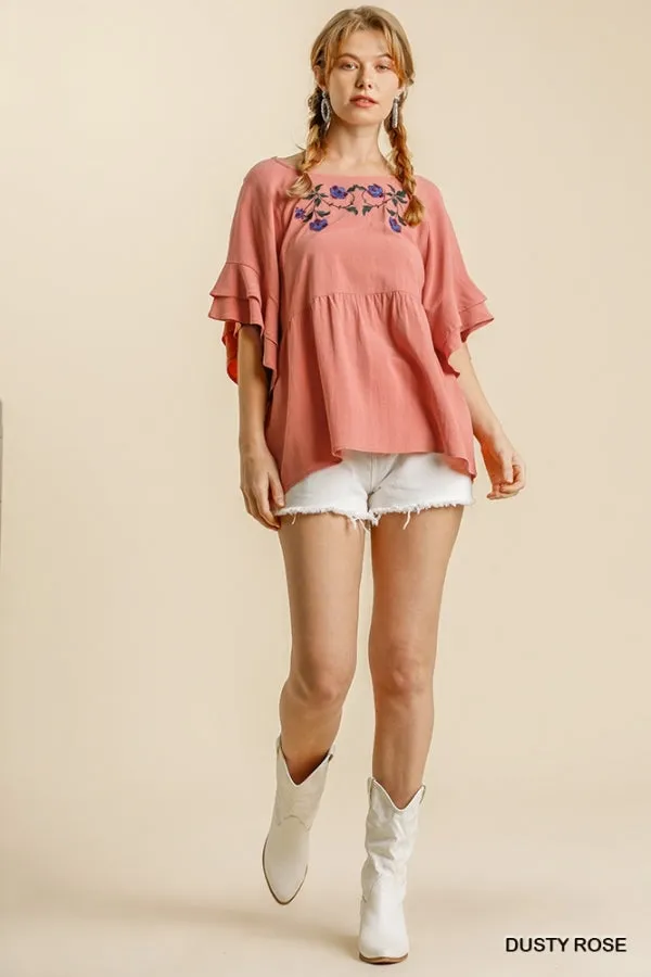 Floral Embroidered Babydoll Top, Rose
