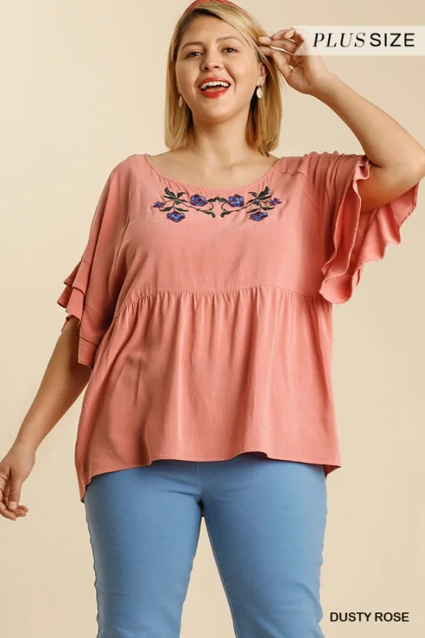 Floral Embroidered Babydoll Top, Rose