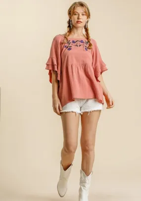 Floral Embroidered Babydoll Top, Rose
