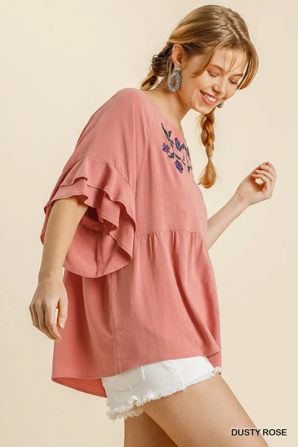 Floral Embroidered Babydoll Top, Rose