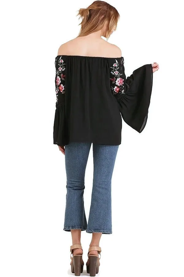 Floral Embroidered Bell Sleeve Top