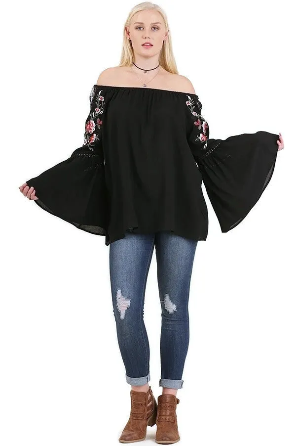 Floral Embroidered Bell Sleeve Top