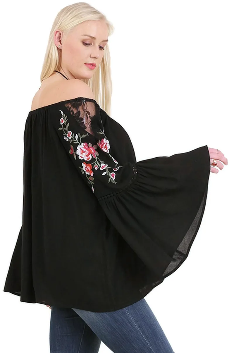 Floral Embroidered Bell Sleeve Top