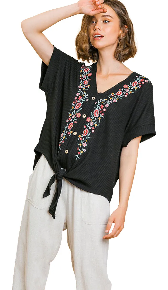 Floral Embroidered Waffle Knit Top