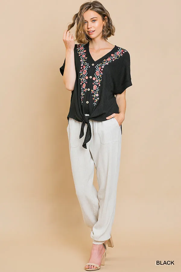 Floral Embroidered Waffle Knit Top