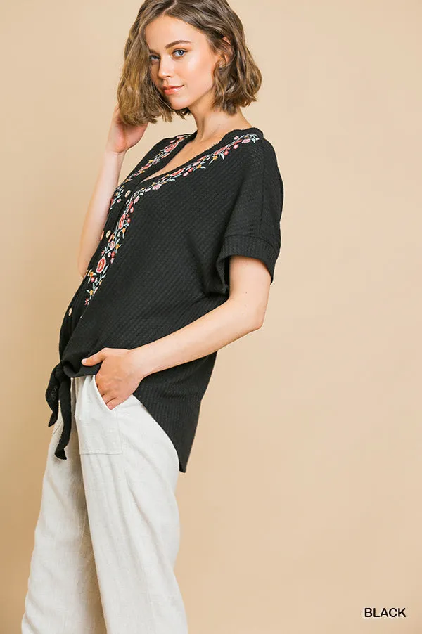 Floral Embroidered Waffle Knit Top