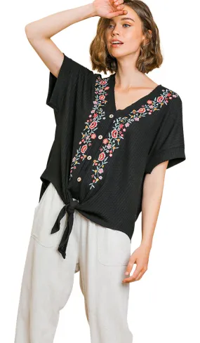 Floral Embroidered Waffle Knit Top