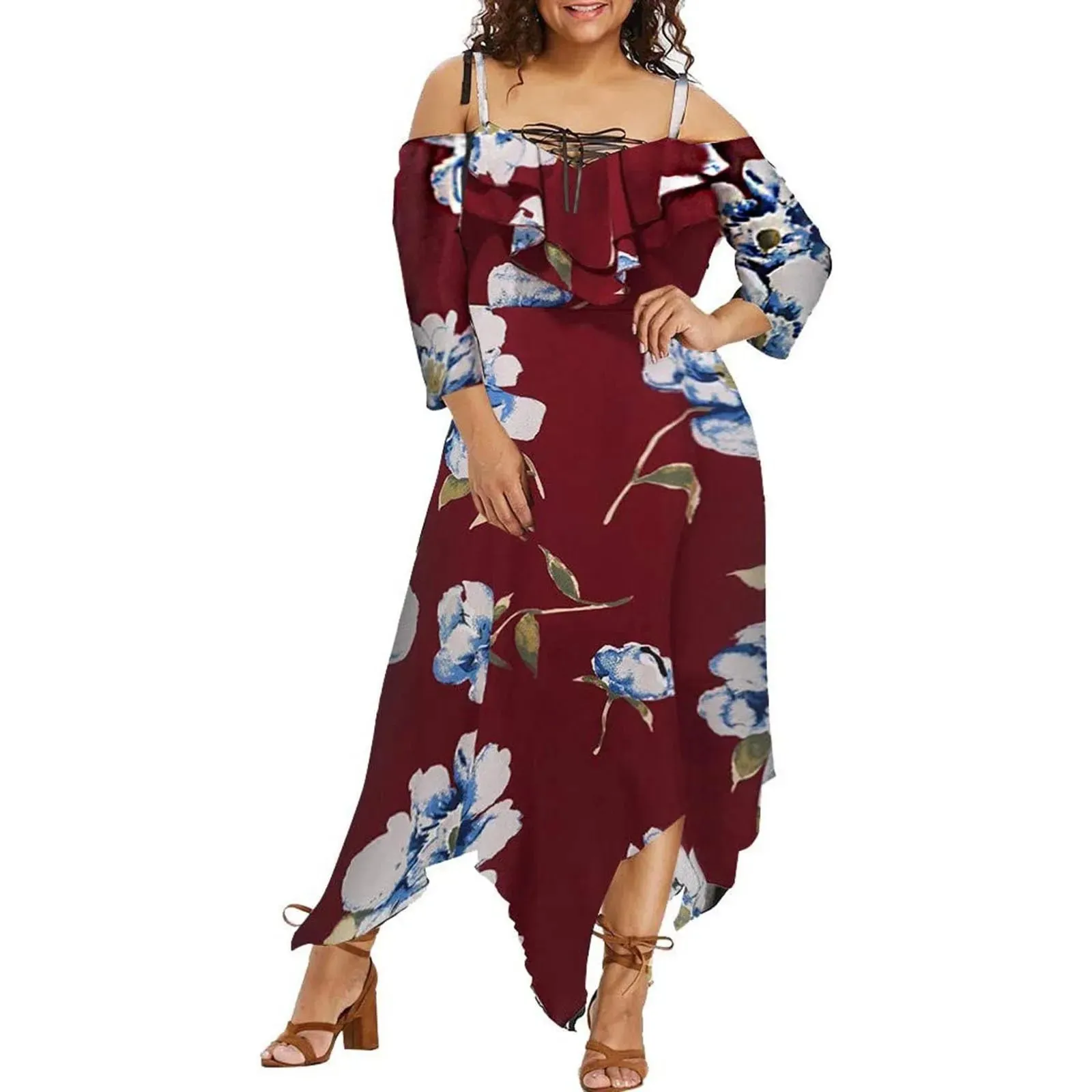 Flower Print Plus Size Casual Short Sleeve Boho Casual Maxi Dress