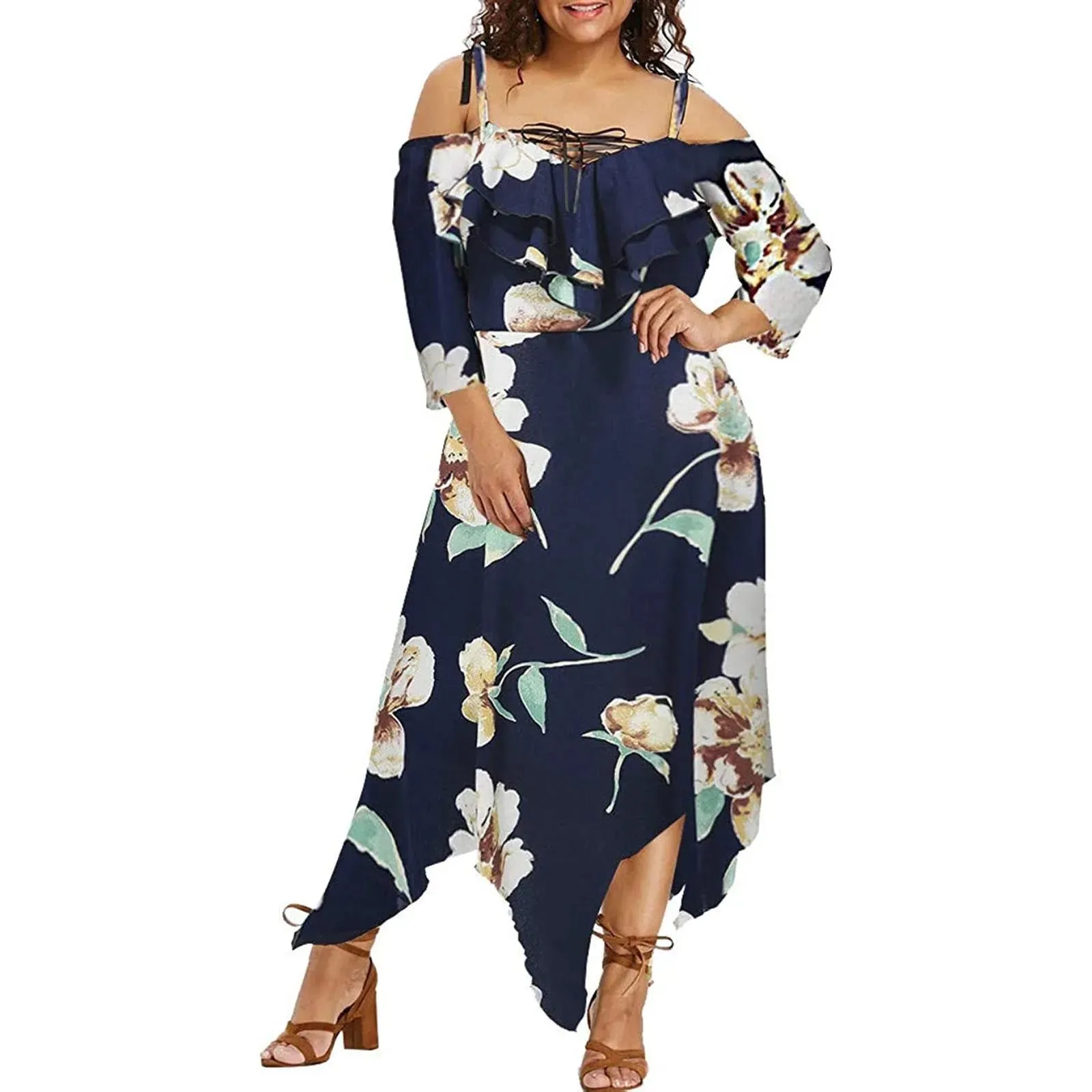 Flower Print Plus Size Casual Short Sleeve Boho Casual Maxi Dress