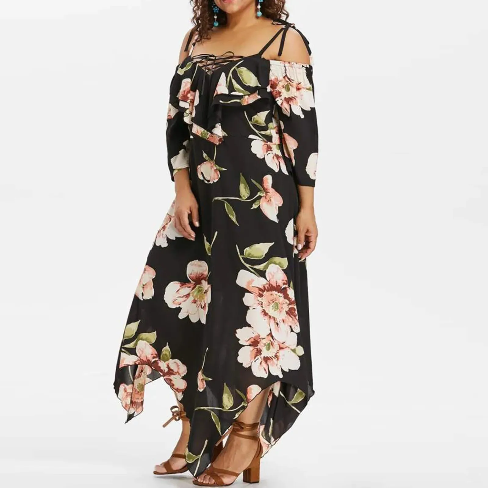 Flower Print Plus Size Casual Short Sleeve Boho Casual Maxi Dress