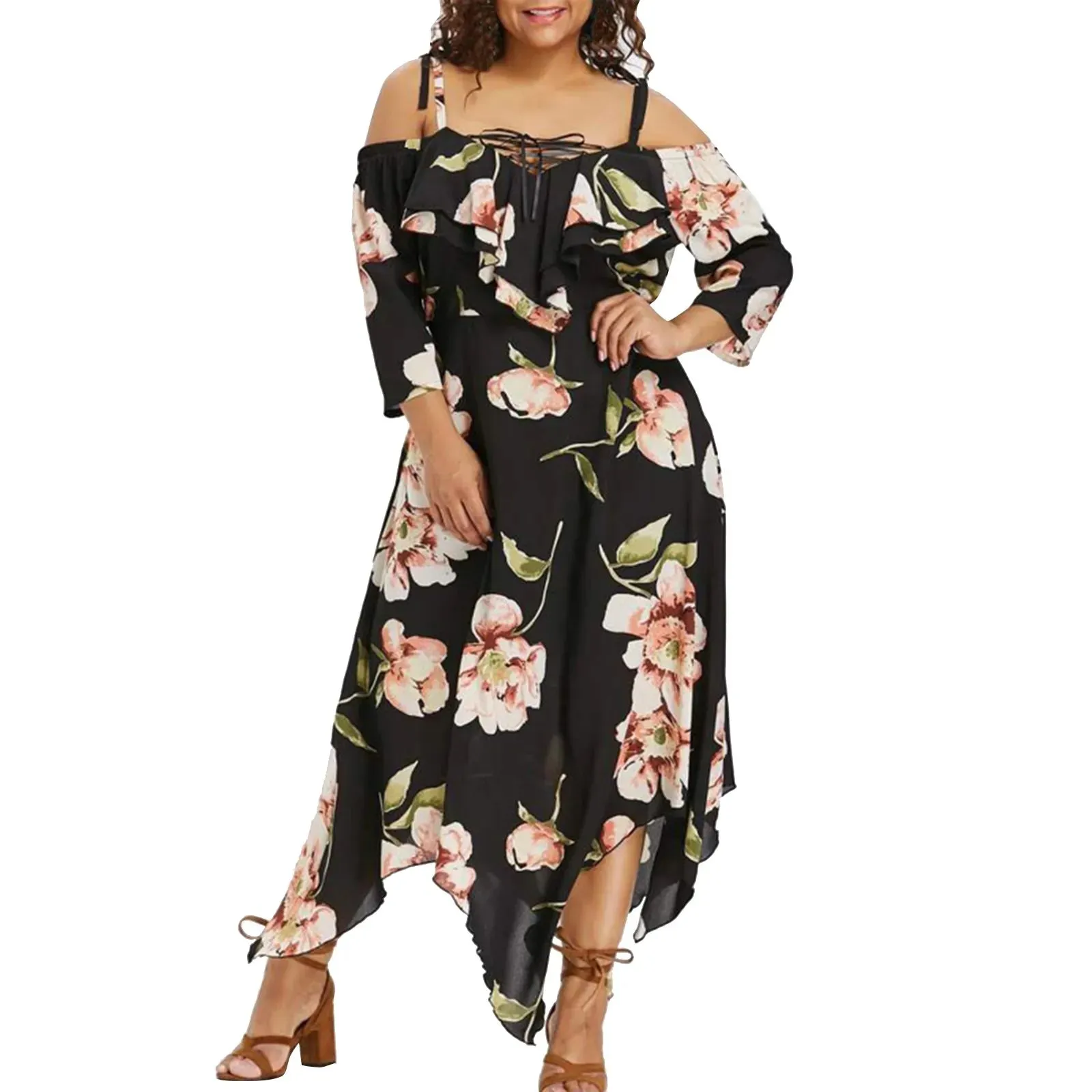 Flower Print Plus Size Casual Short Sleeve Boho Casual Maxi Dress