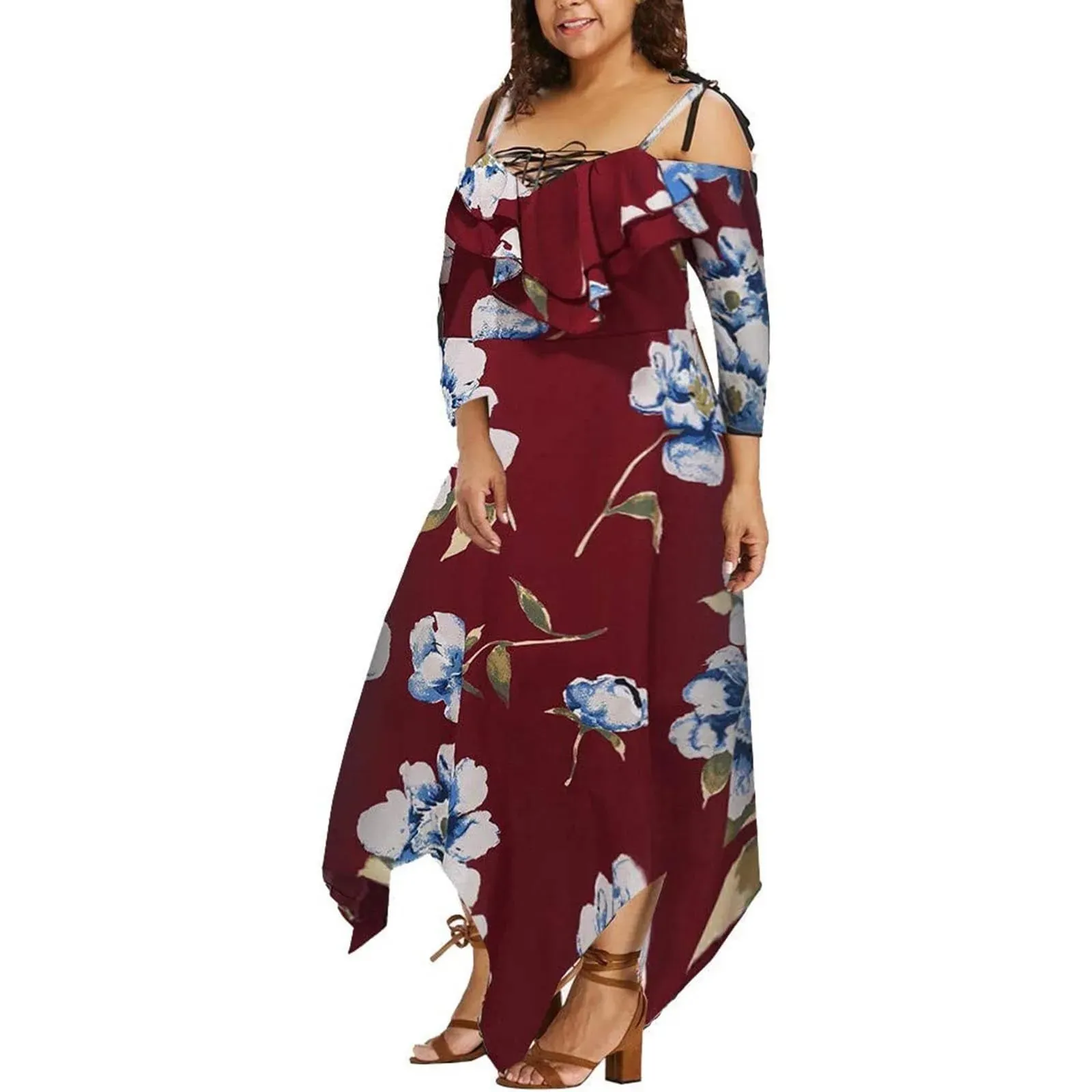 Flower Print Plus Size Casual Short Sleeve Boho Casual Maxi Dress