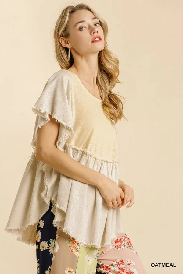 Frayed Short Sleeve Top, Oatmeal
