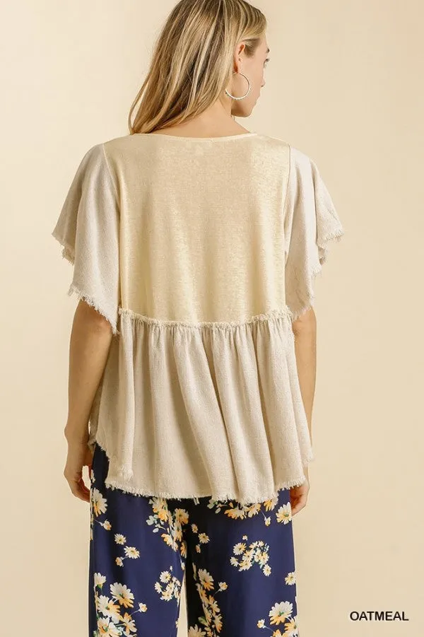 Frayed Short Sleeve Top, Oatmeal