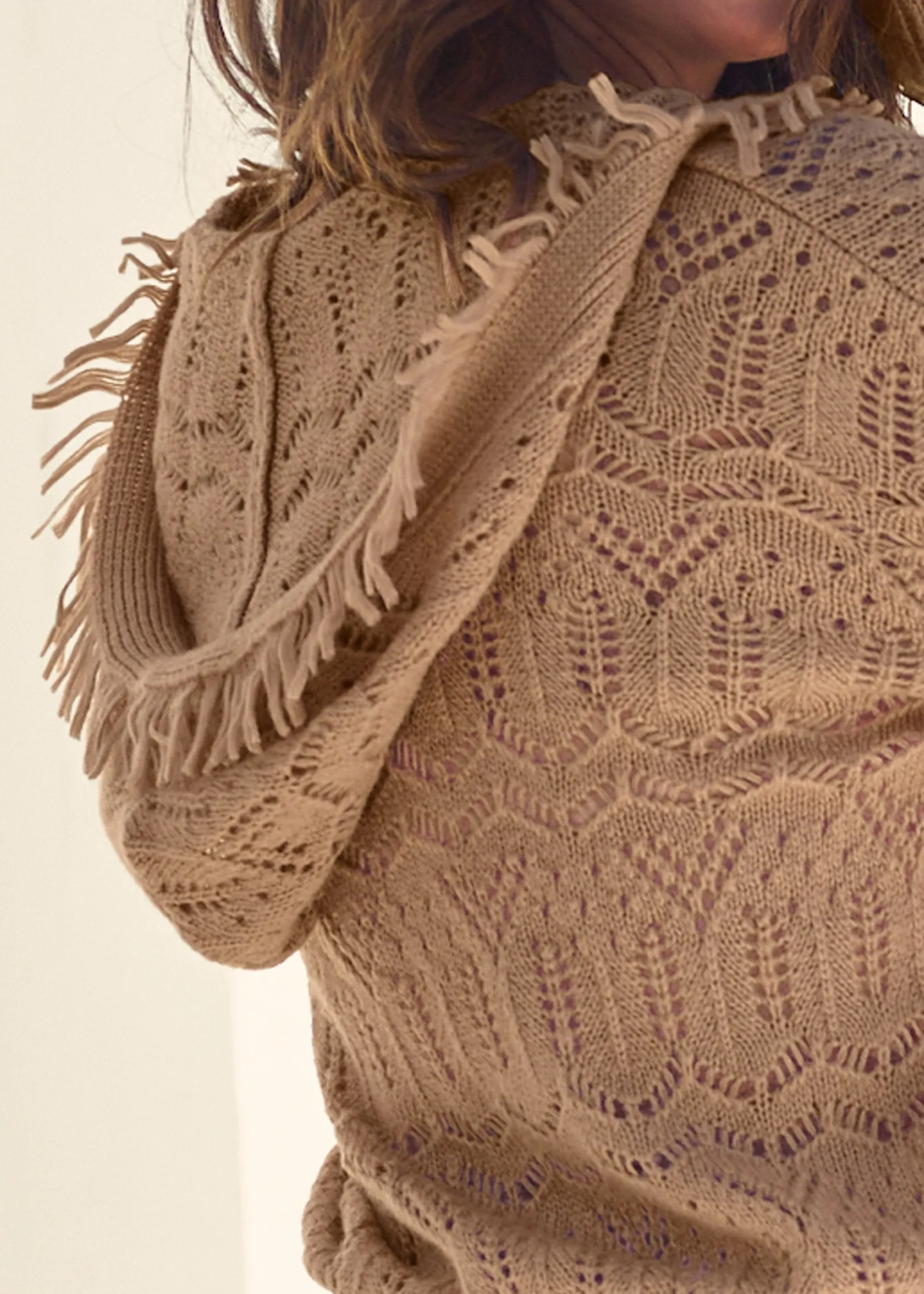 Fringe Pointelle Pullover  - Brown