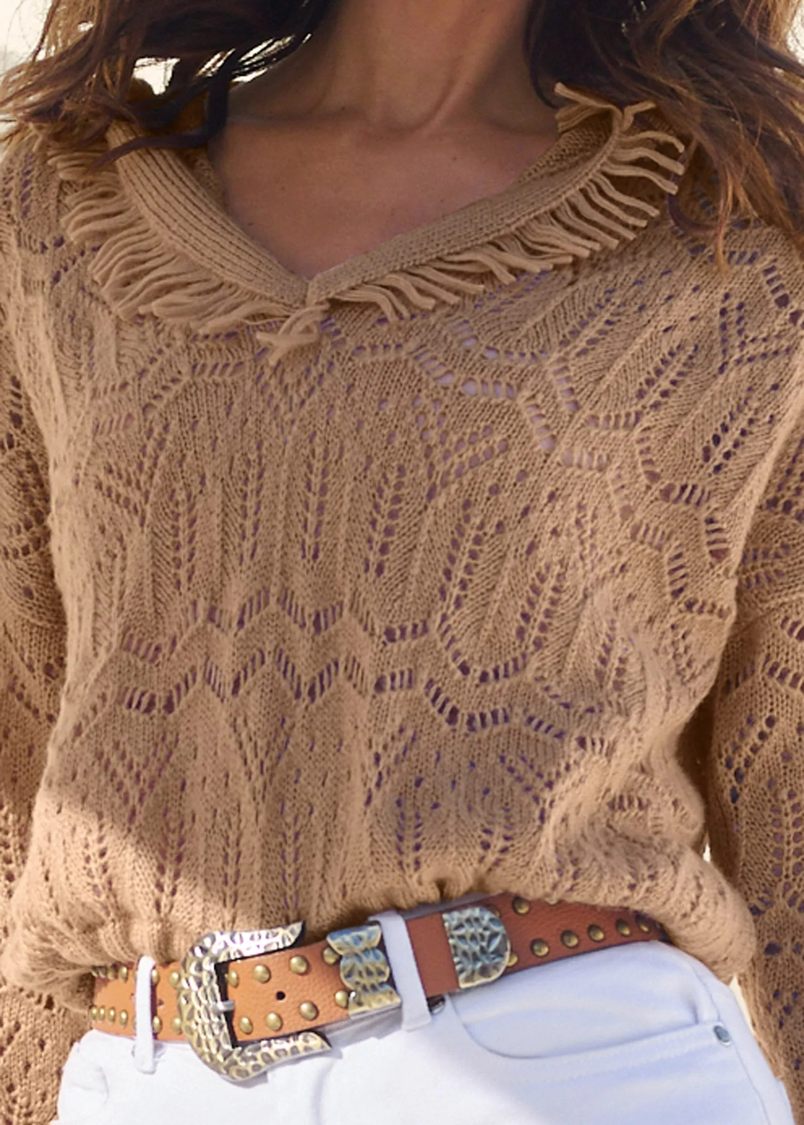 Fringe Pointelle Pullover  - Brown