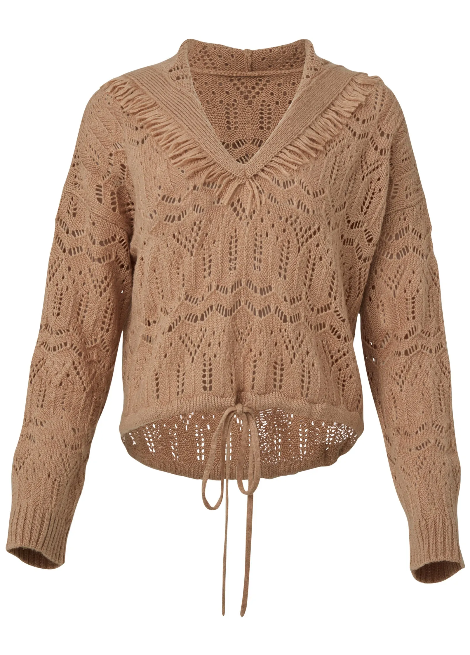 Fringe Pointelle Pullover  - Brown