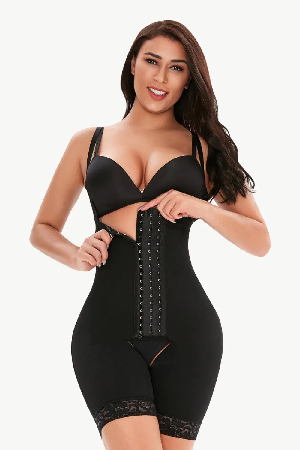 Full Size Hook-And-Eye Lace Trim Shaping Bodysuit