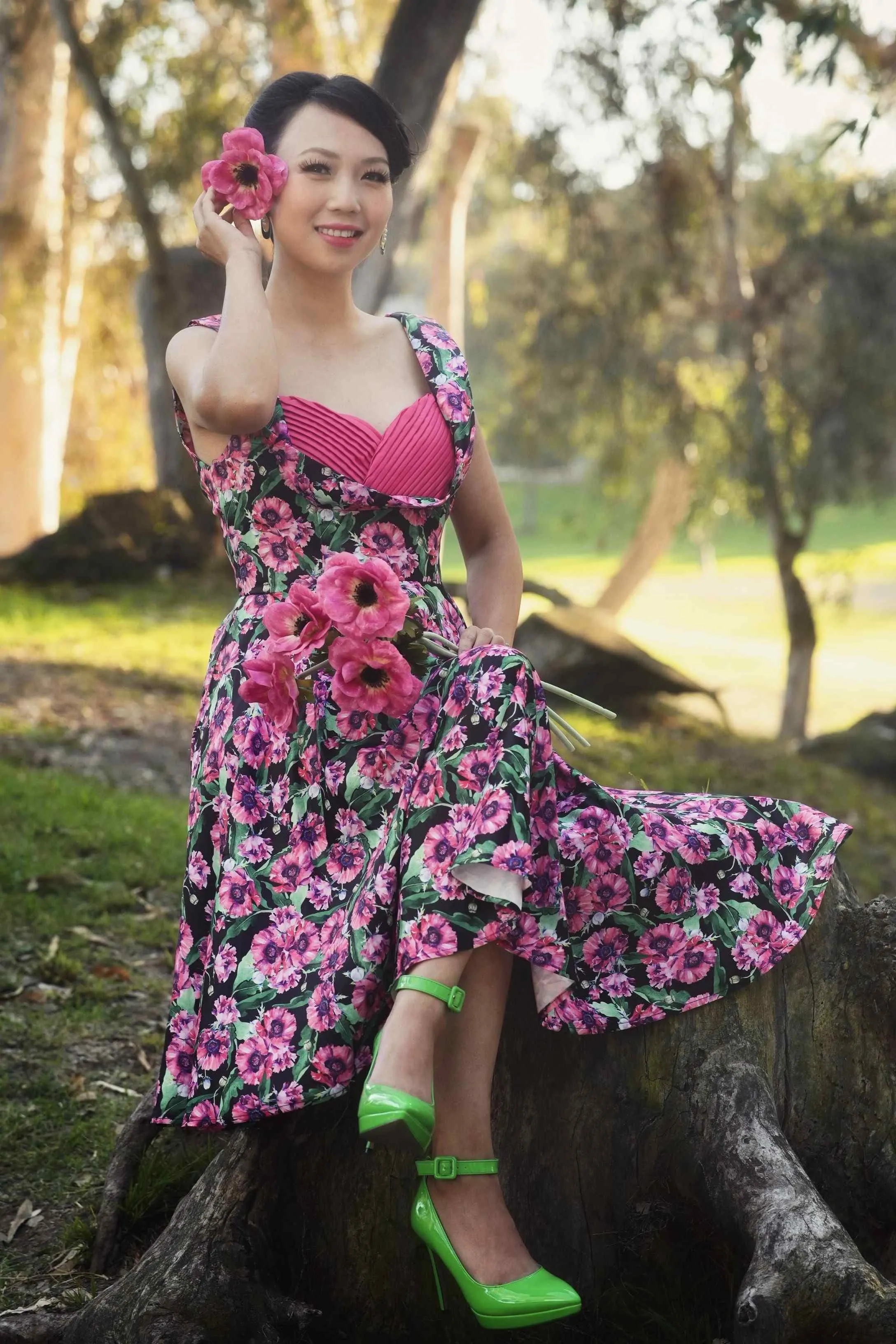 Grace Purple Poppy Pleated Bust Dress