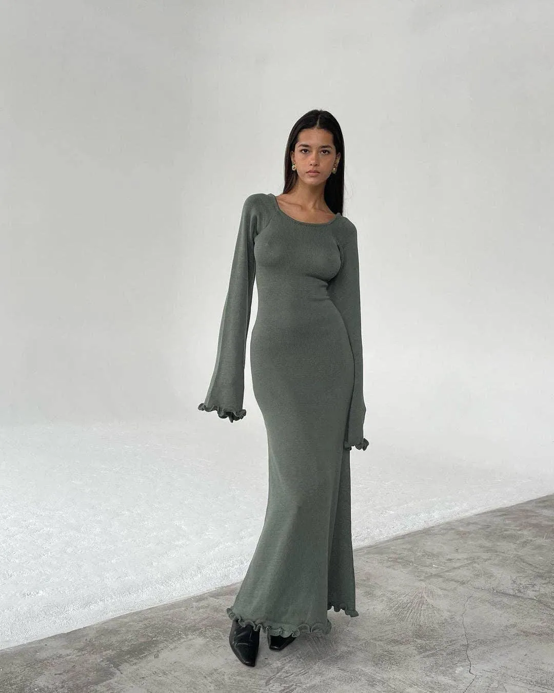 Ladies Backless String Tie Flare Sleeve Long Dress YF2332