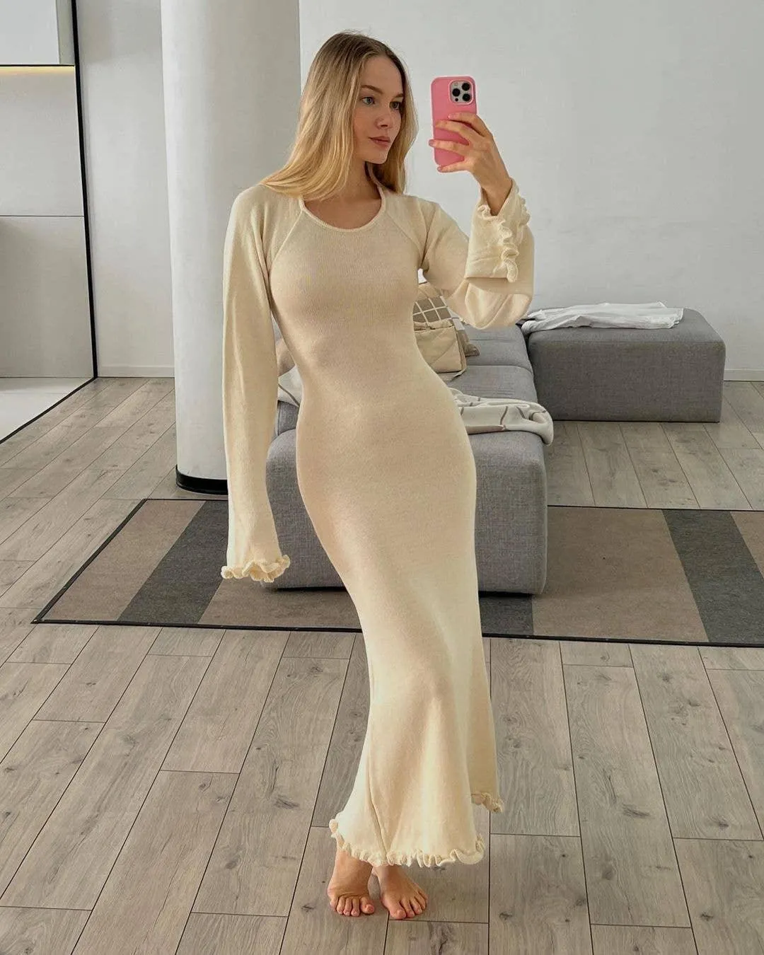 Ladies Backless String Tie Flare Sleeve Long Dress YF2332