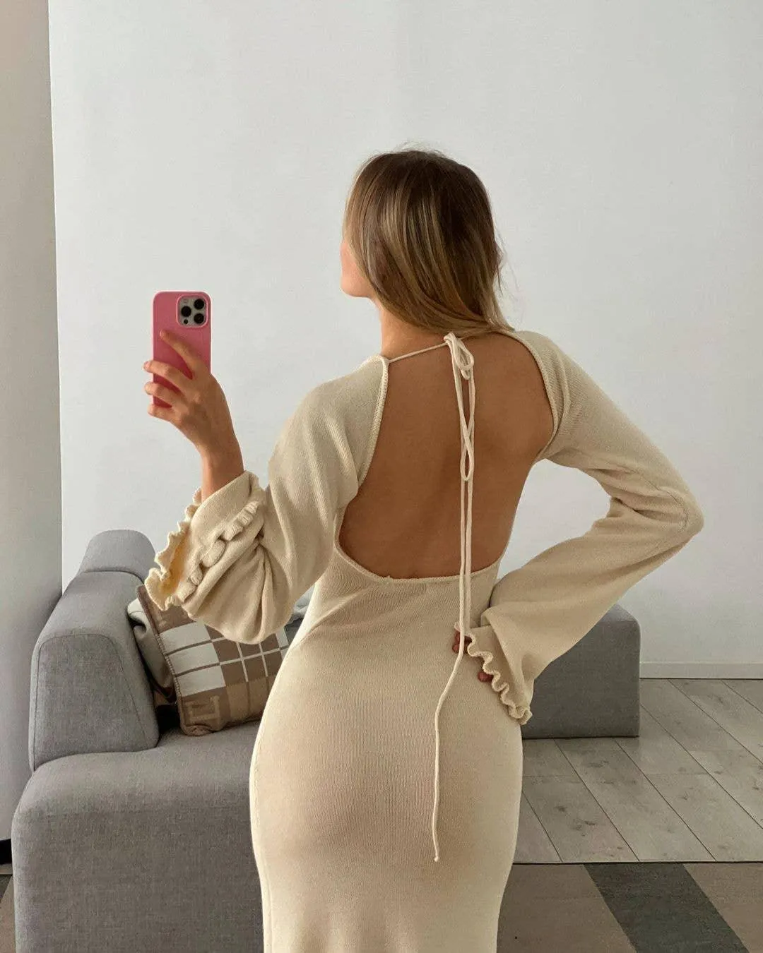 Ladies Backless String Tie Flare Sleeve Long Dress YF2332