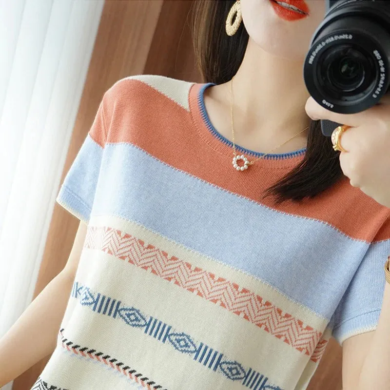 Loose-Fitting Color-Blocked Striped Pattern Knitted Tops