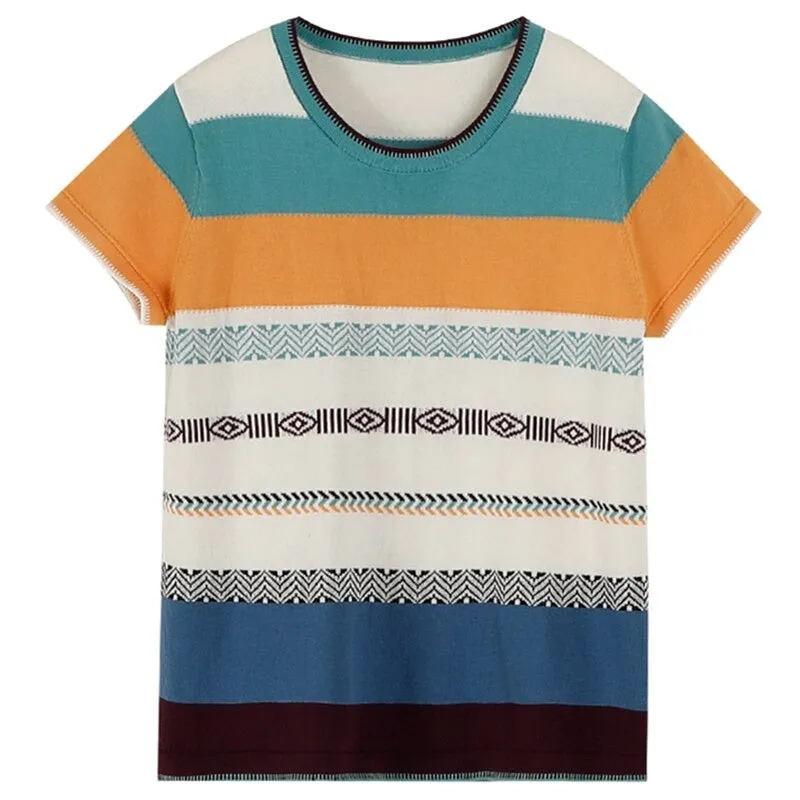 Loose-Fitting Color-Blocked Striped Pattern Knitted Tops