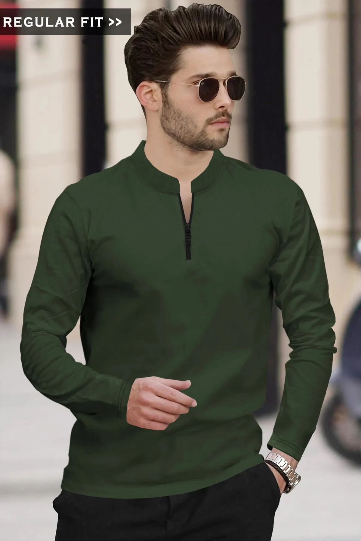 Men Full Sleeve Solid Zip Neck T-Shirt | Olive Green