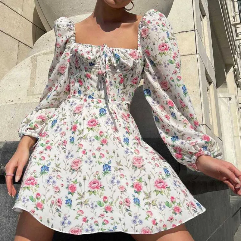 Multi-Style Elegant Floral Print Summer Dresses with Long Lantern Sleeves