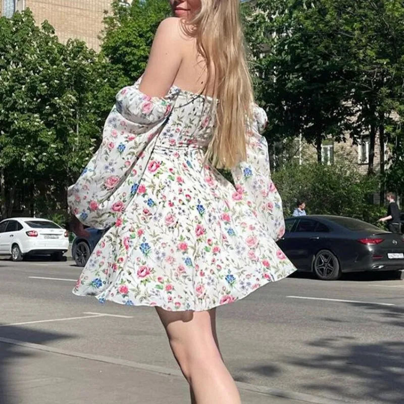 Multi-Style Elegant Floral Print Summer Dresses with Long Lantern Sleeves