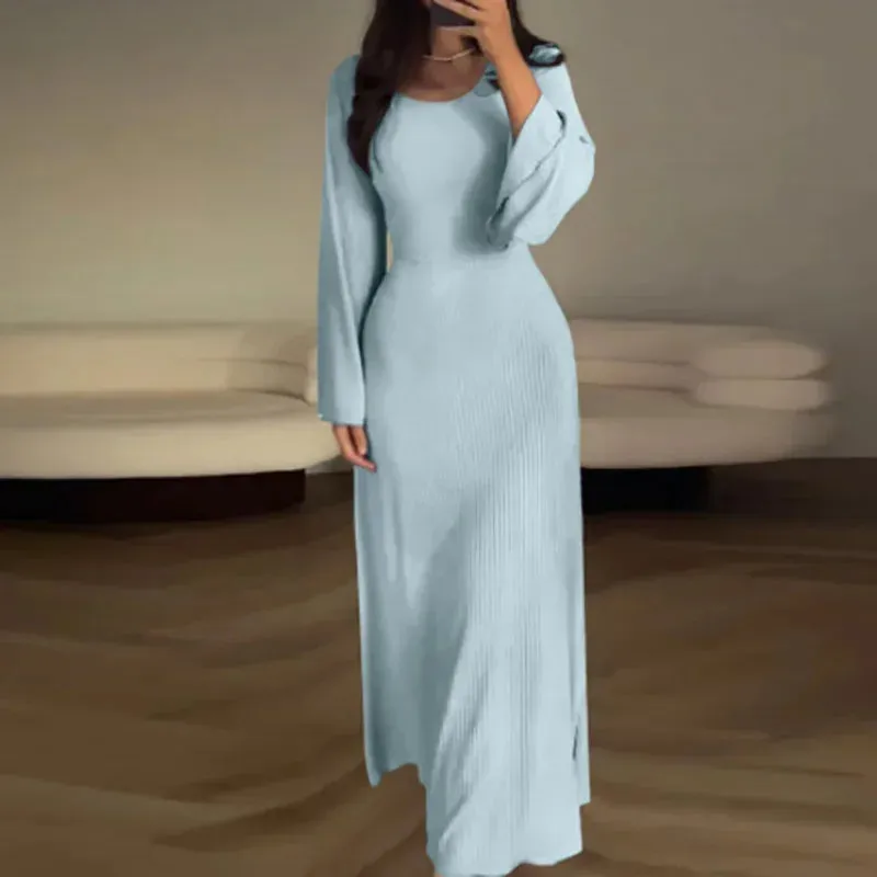 Patchwork Bandaged Round-necked Slim-fitted Long-sleeved Maxi Dress for Autumn Street Style