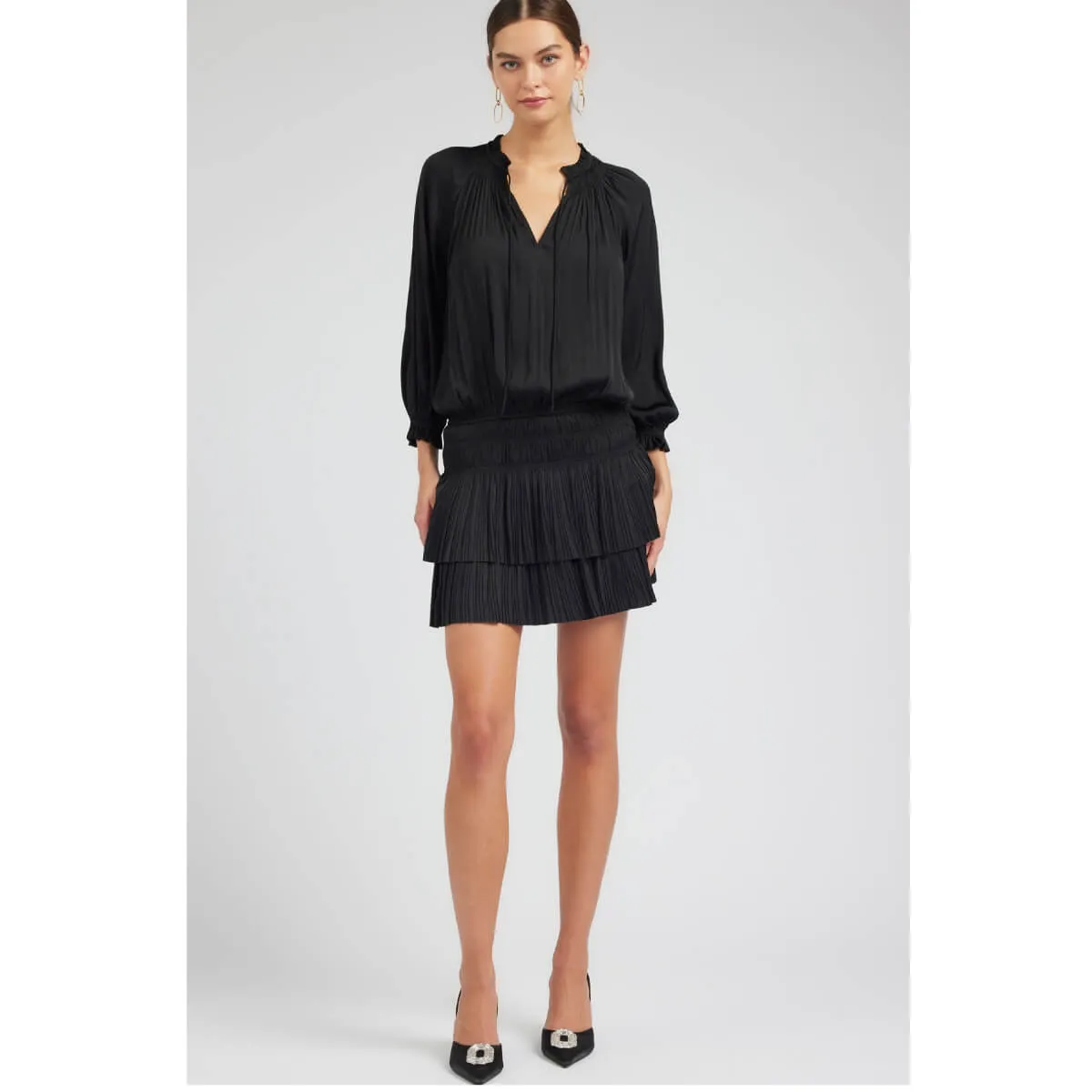 Pleated 3-Quarter Sleeve Mini Dress