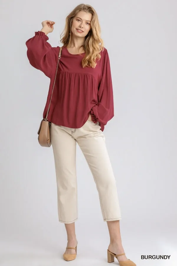 Pleated Detail Babydoll Top, Burgundy